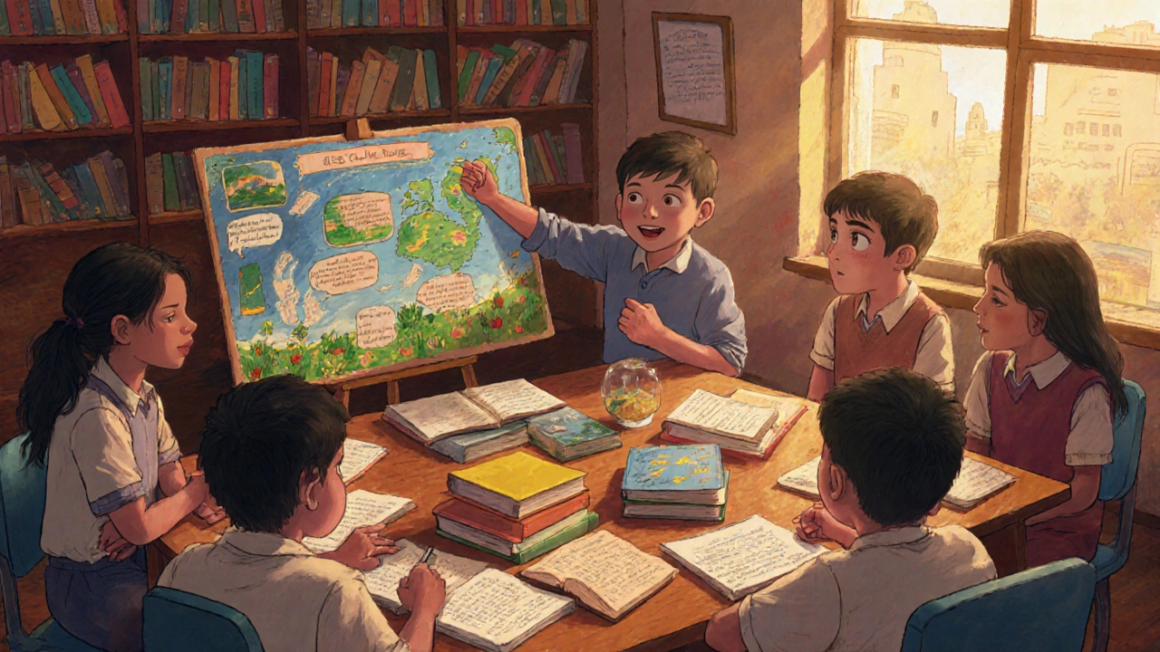 Students in Indian city debating climate change with books and essays on table.