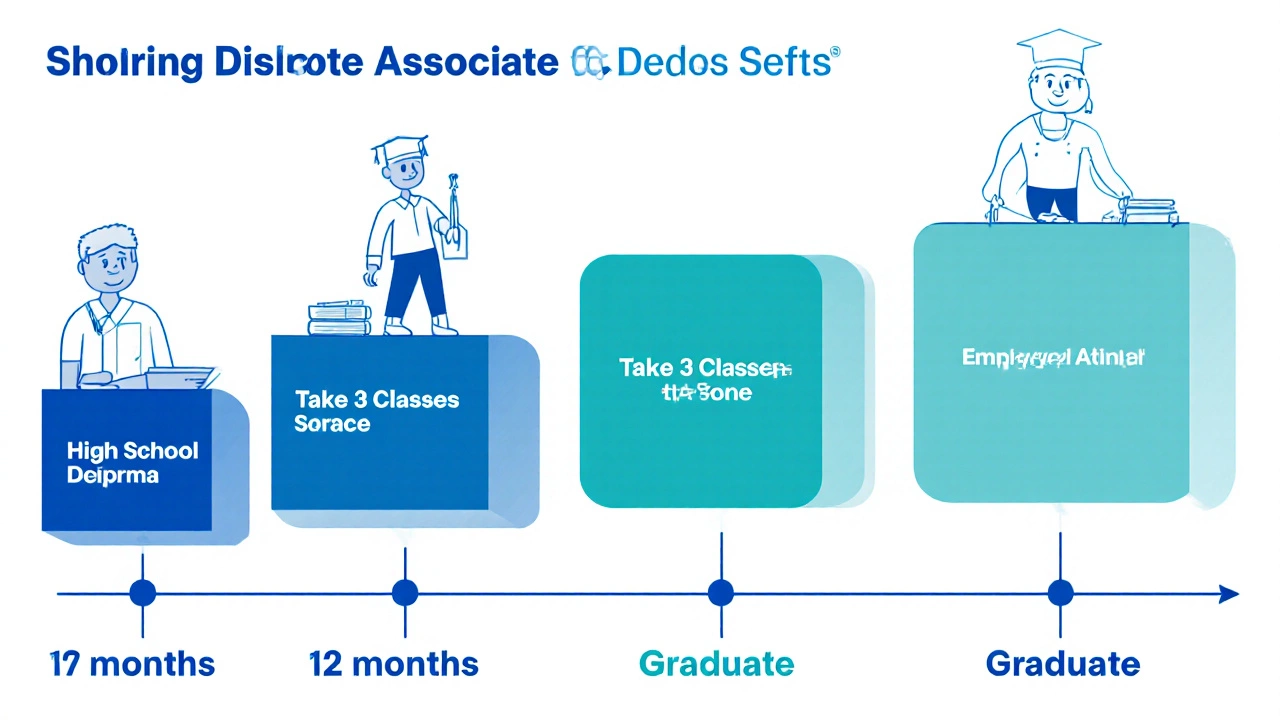 Timeline showing path to an accredited online associate degree in 12 months