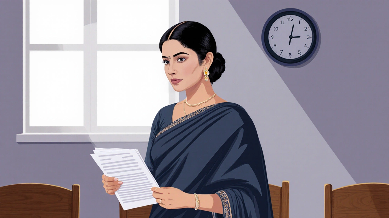 Woman in muted salwar kameez with dupatta calmly holding a file in a government interview room.