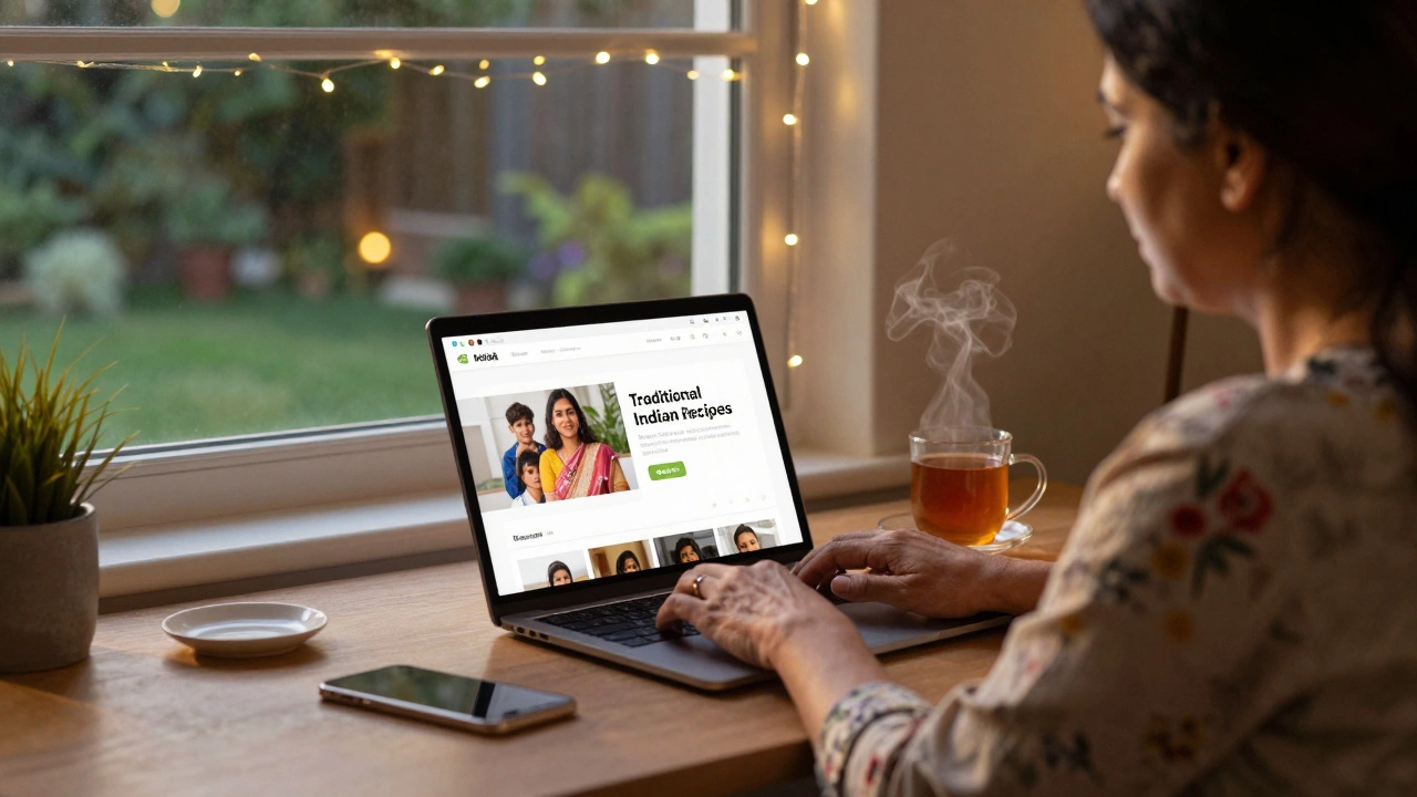 A 67-year-old woman coding a recipe website at home in the evening