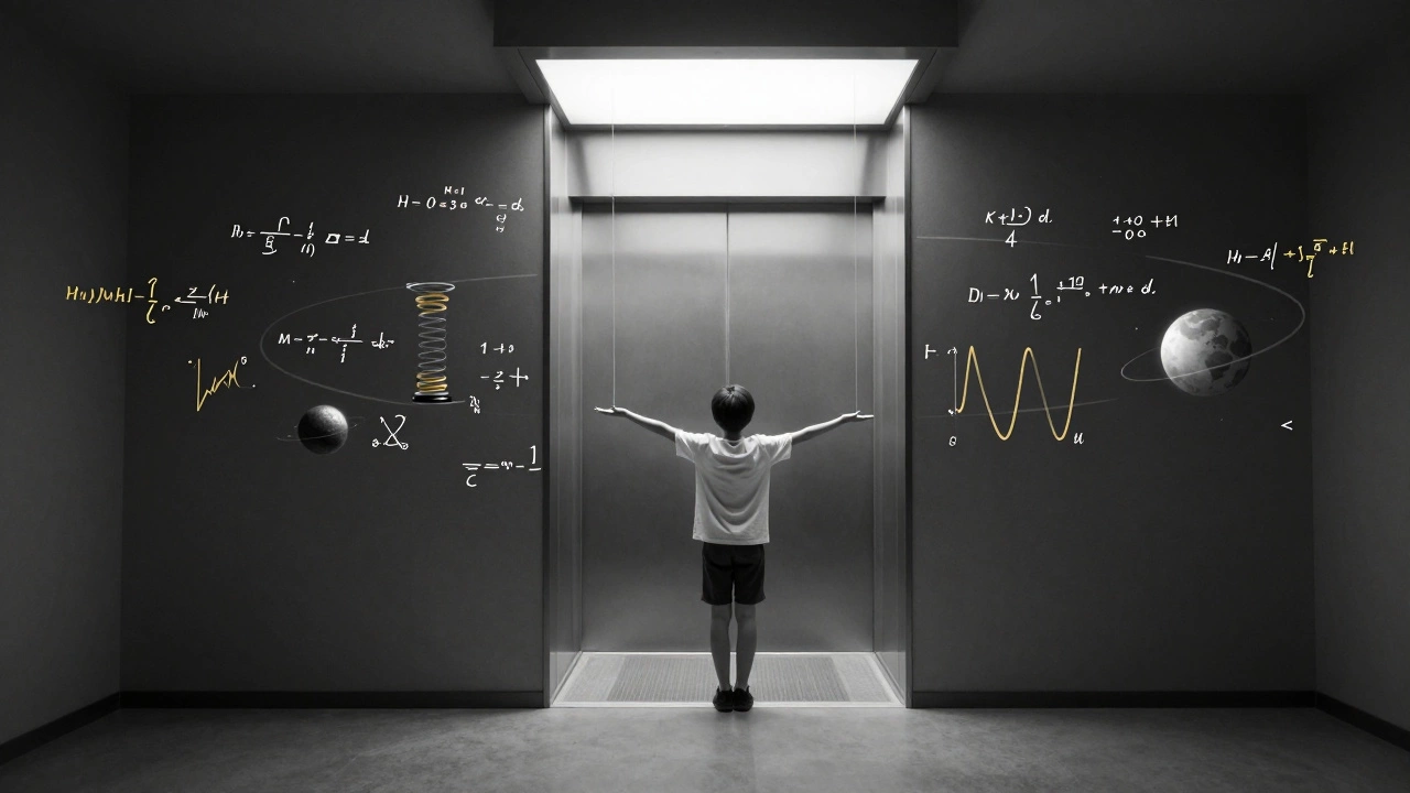 A student holding an invisible pendulum in an accelerating elevator with floating equations.
