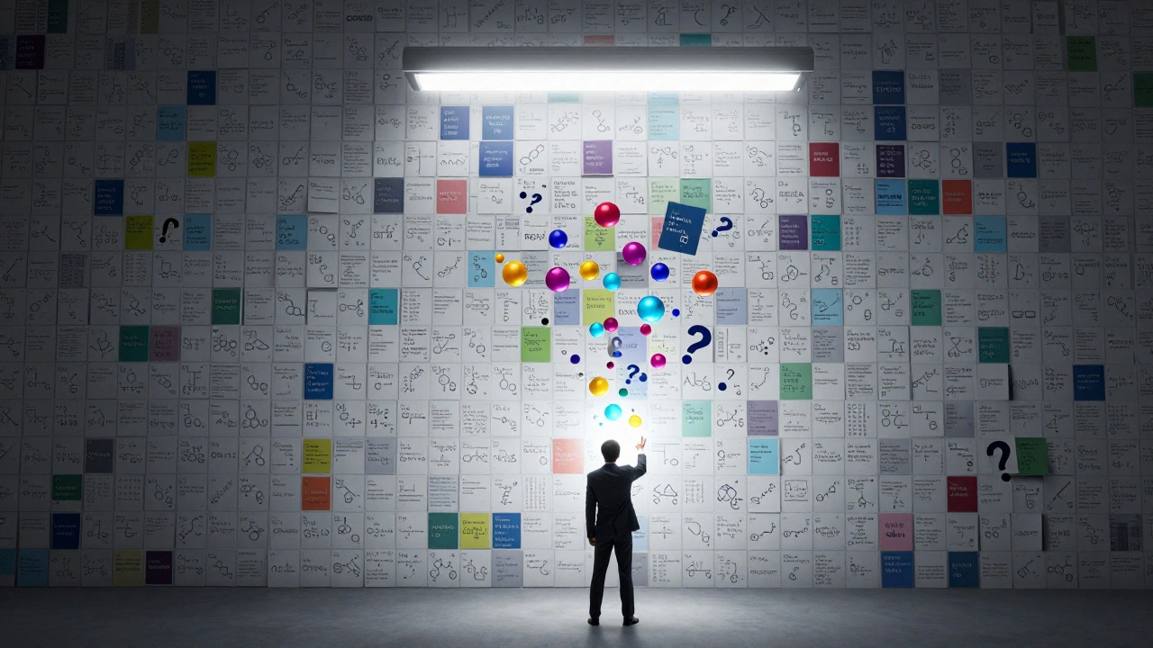 A towering wall of chemistry flashcards looms over a lone student facing the memory challenge of JEE.