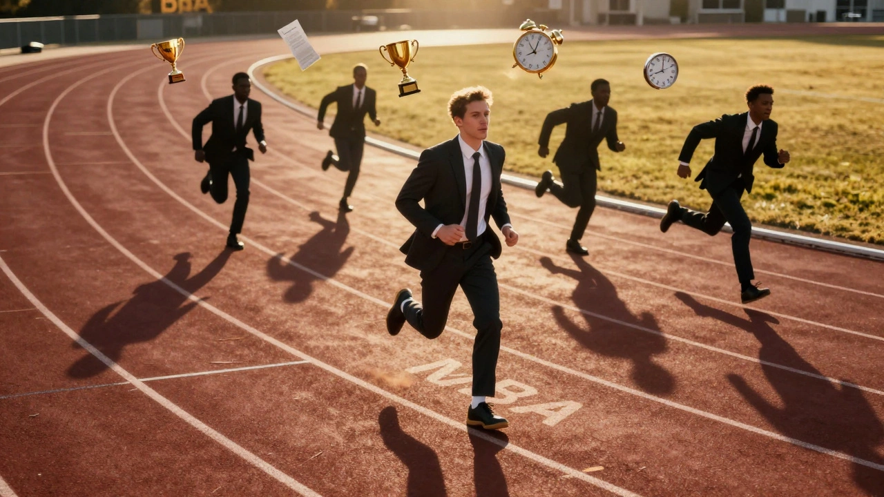 An MBA student running on an endless track while shadowy figures surge ahead.