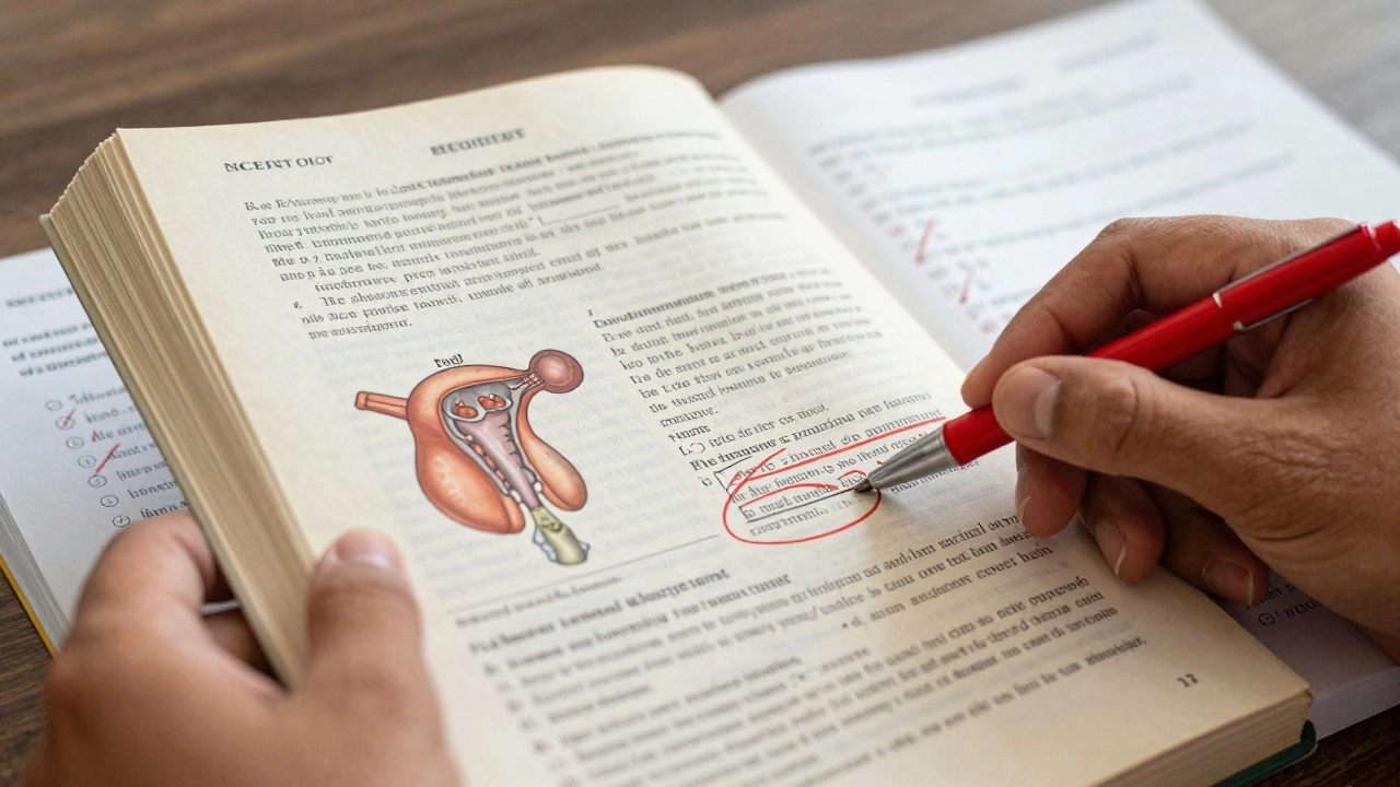 Close-up of a hand marking a key NCERT diagram with a red pen beside discarded coaching sheets.