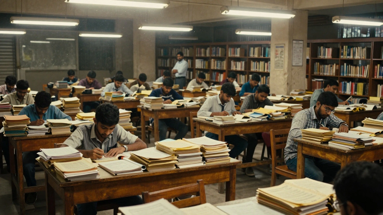Crowded Delhi coaching library at sunrise, students focused on past papers under harsh lights with stacks of notes.