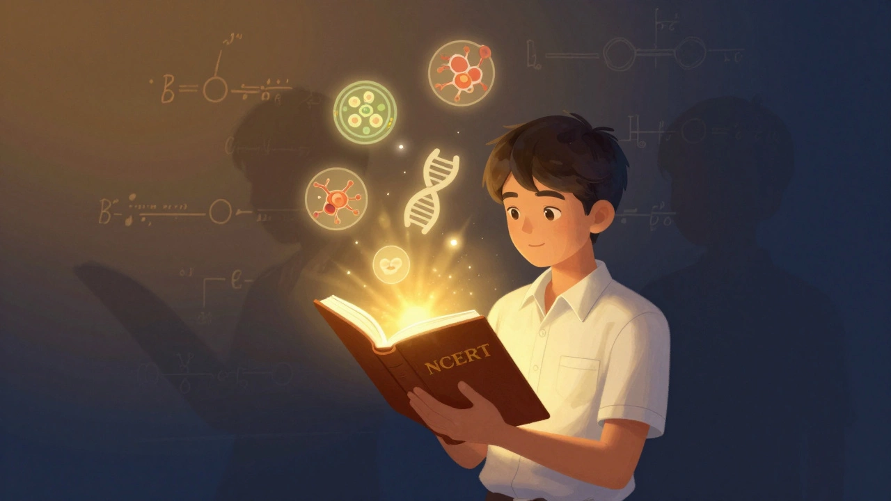 Glowing NCERT biology book with floating anatomical diagrams, overshadowing physics and chemistry formulas.