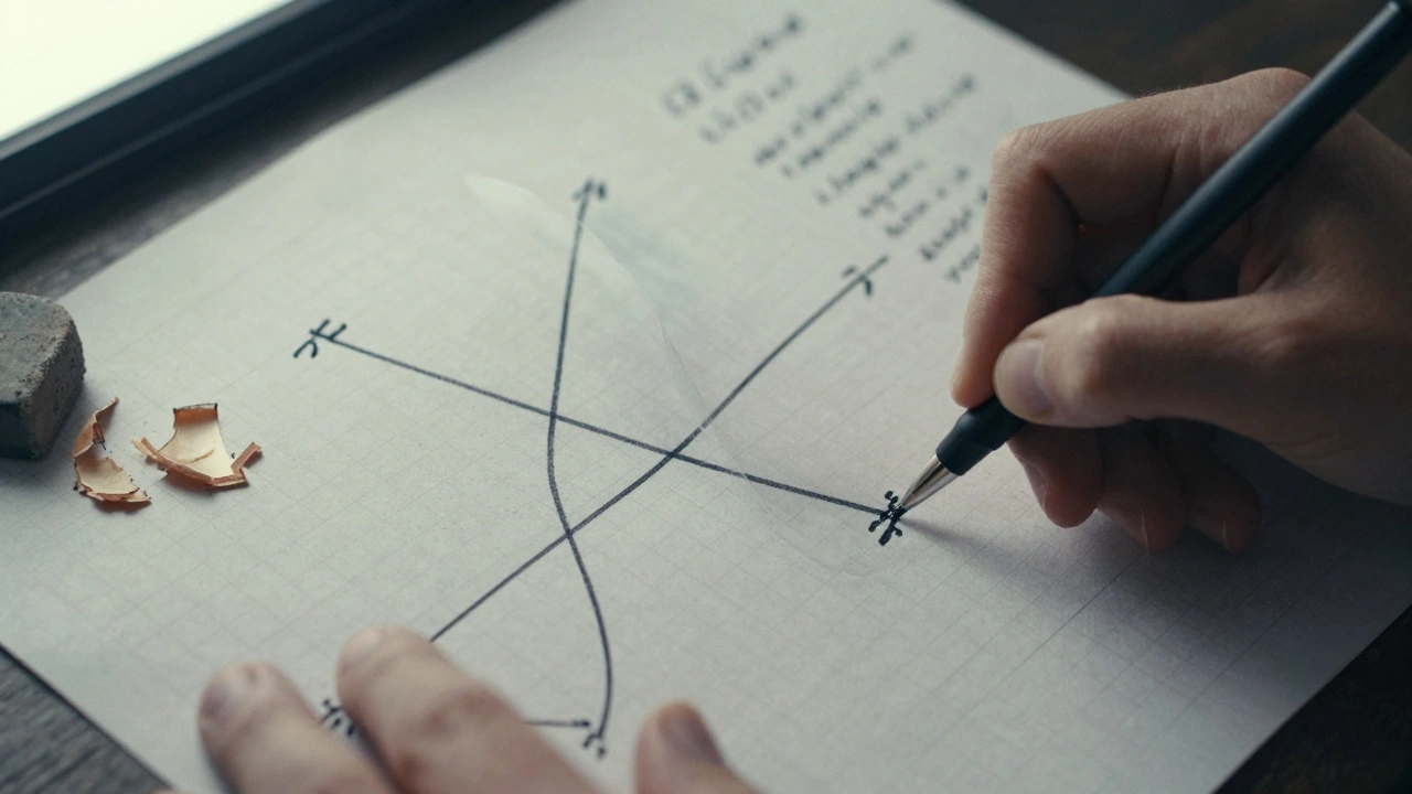 Hands sketching a complex mathematical curve with eraser shavings and scribbled notes.