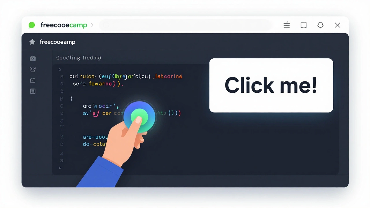 Interactive coding platform showing a button that changes color when clicked.