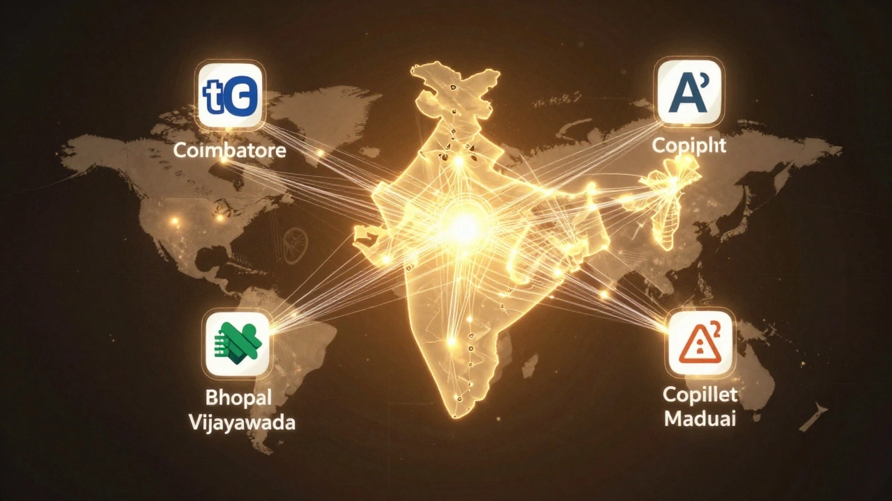 Map of India with glowing nodes showing remote coders connected to global tech hubs.