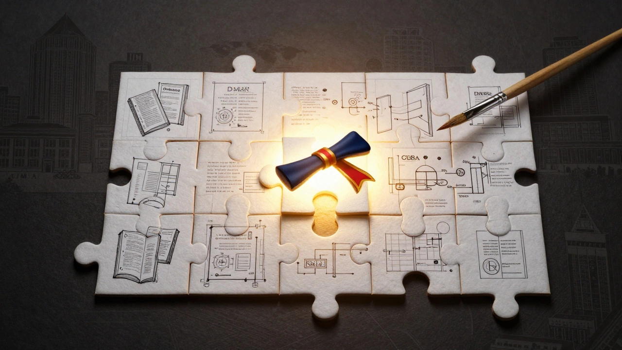 Puzzle pieces from non-business fields forming a business strategy map, with MBA diploma as the final piece.