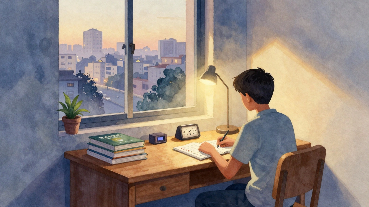 Quiet Jaipur hostel room at dawn, student studying with NCERT books and timer, warm light, peaceful atmosphere.