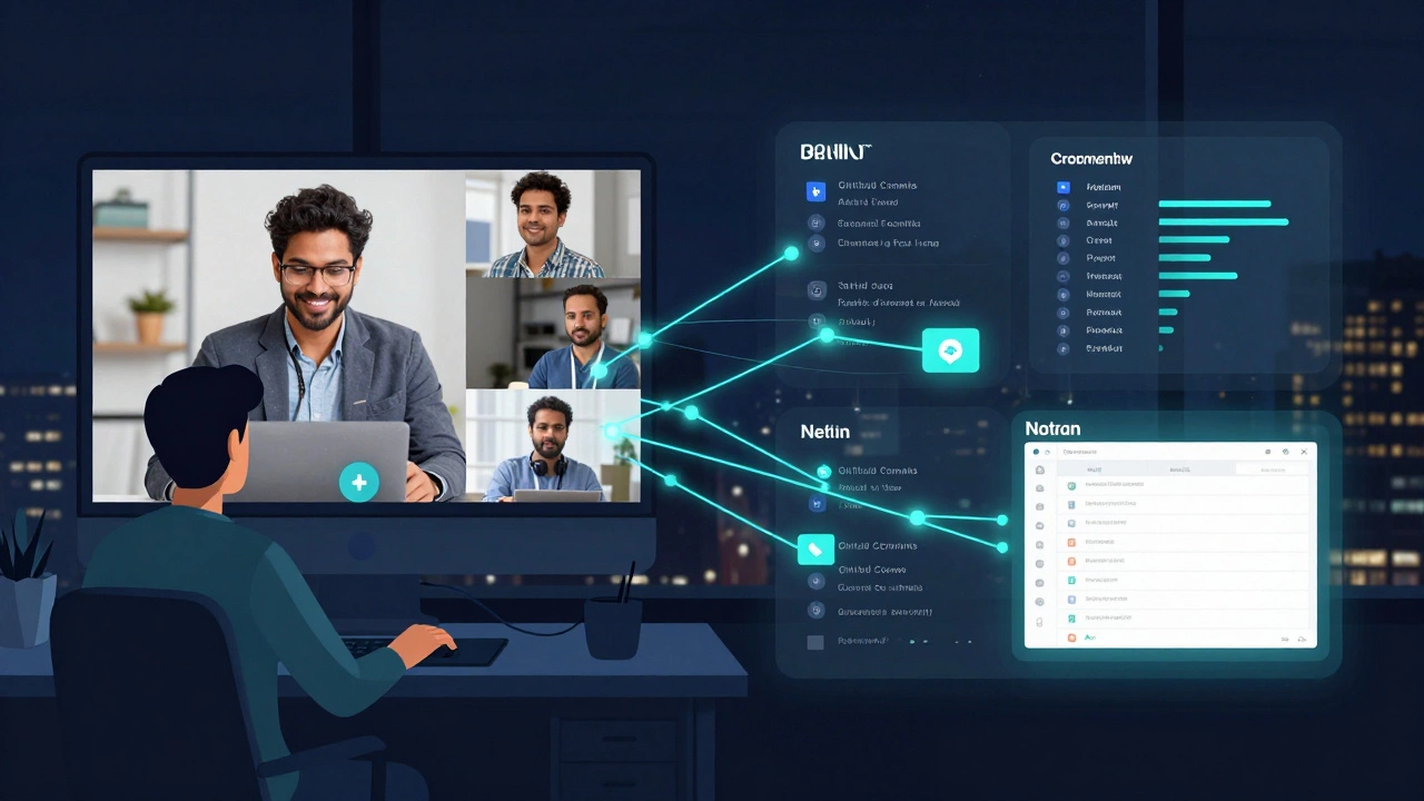 Remote coder in India syncing with international team via Zoom, surrounded by digital tools.