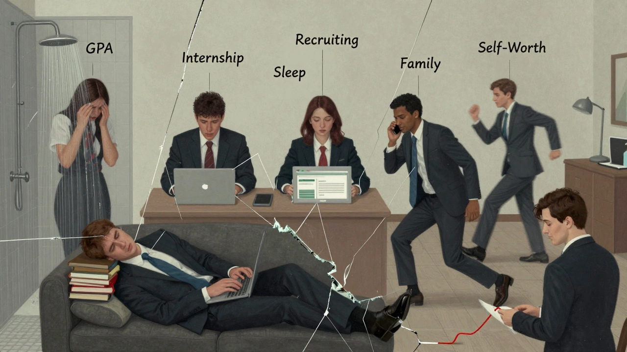 Seven MBA students reflected in a broken mirror, each struggling with different pressures.