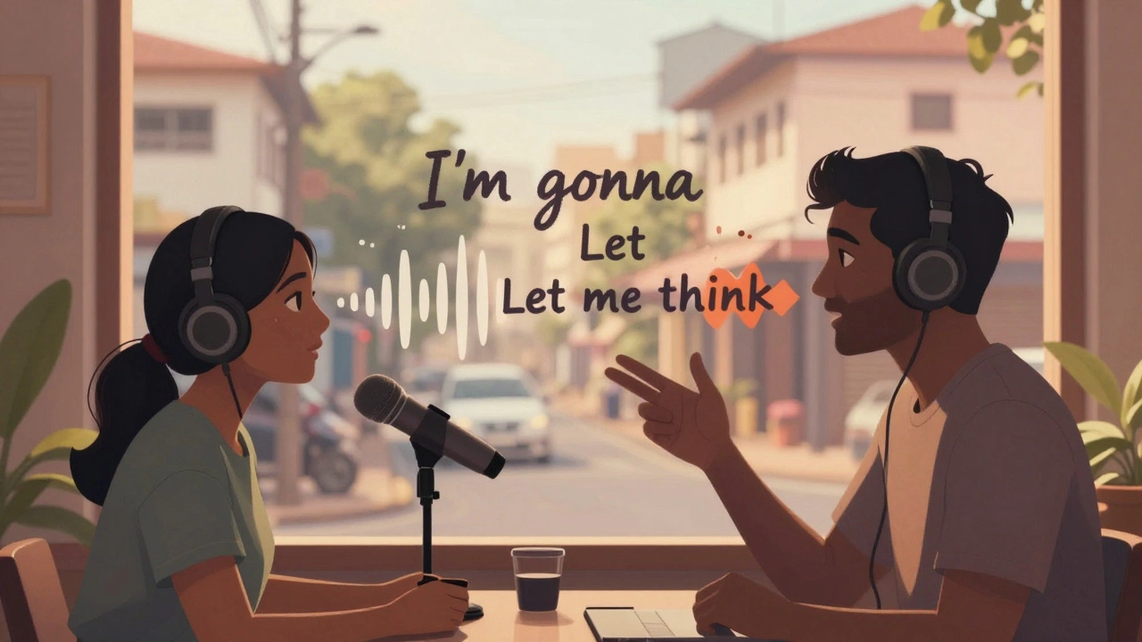 Someone listening to an English podcast while floating phrases appear around them, representing shadowing practice.