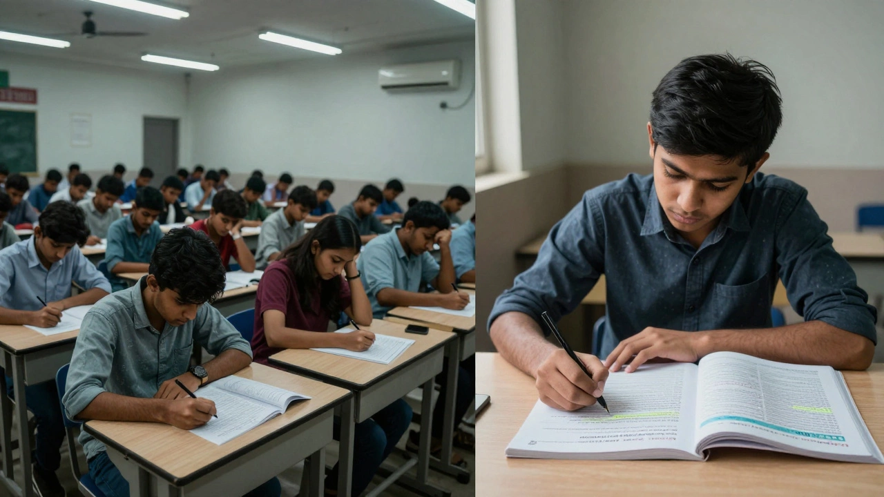 Split scene: crowded coaching mock test vs. one student solving a real NEET paper with NCERT open.