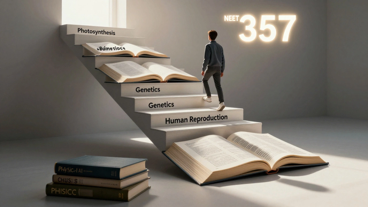 Staircase of biology textbook pages leading to a high NEET score, with physics and chemistry books below.