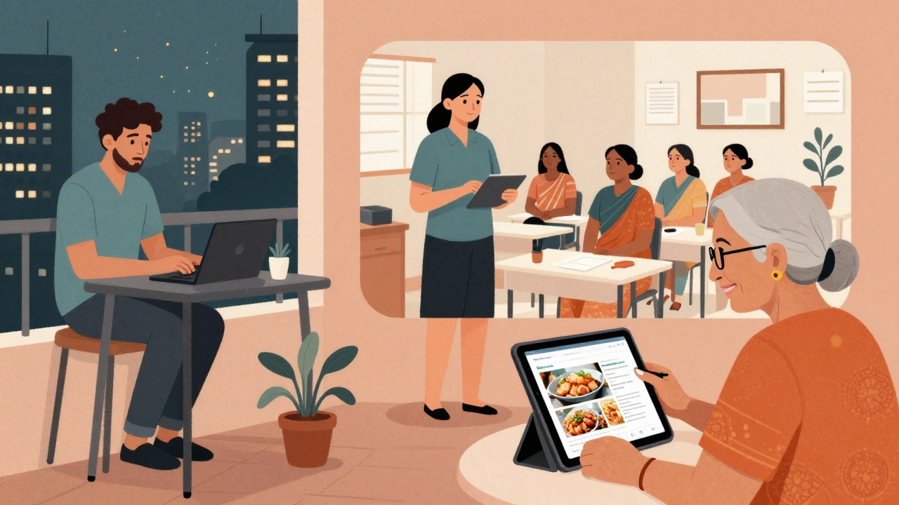 Three scenes showing older adults building careers in coding across different settings