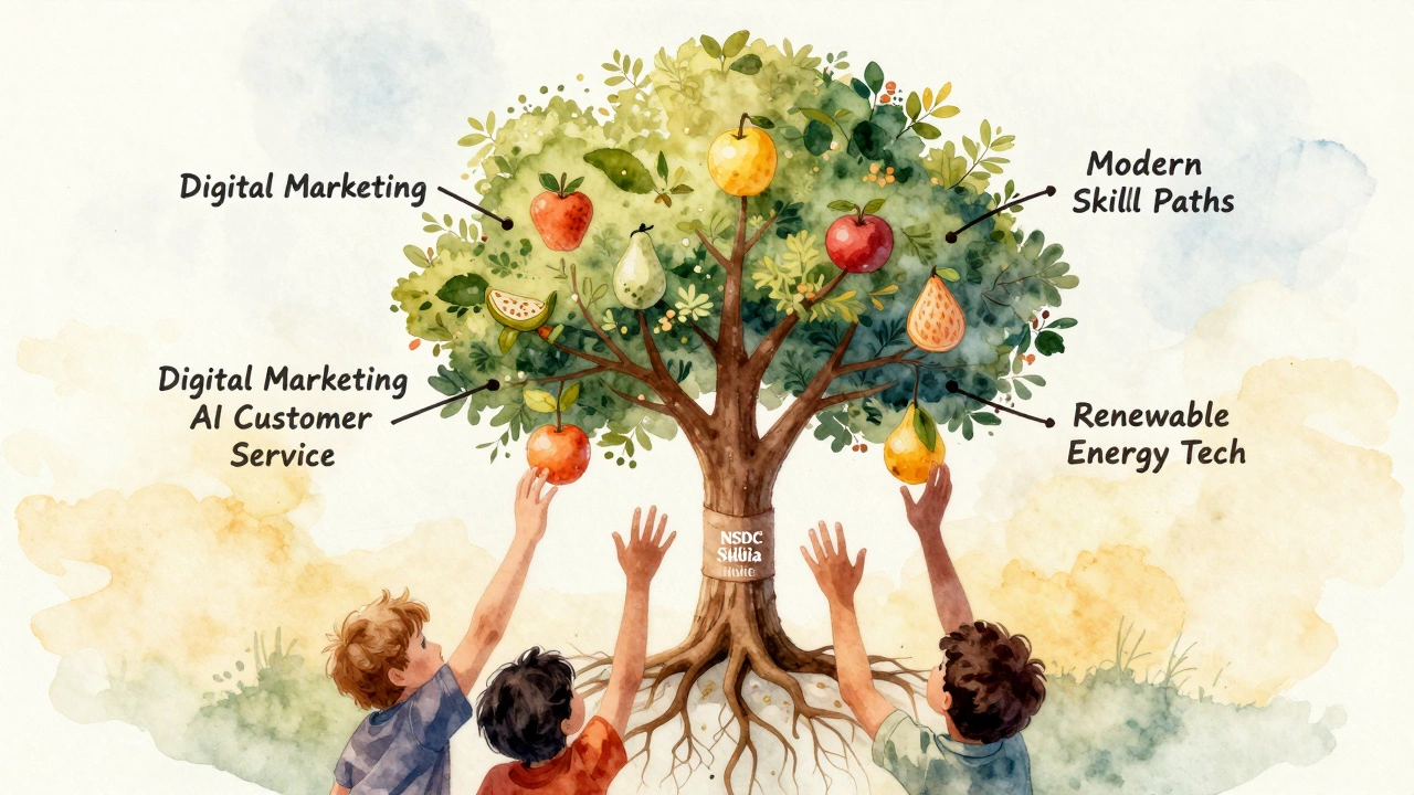 Tree with skill-based career branches rooted in NSDC Skill India, symbolizing accessible career growth.