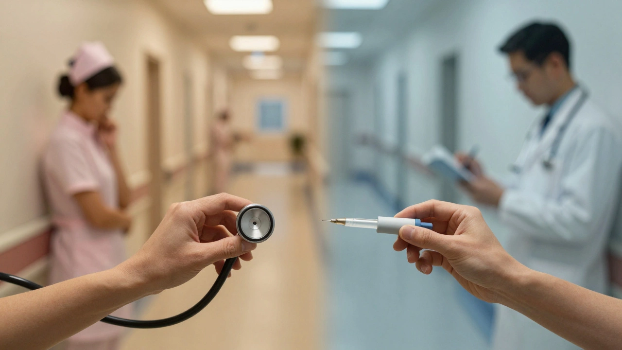 Two hands reach toward each other, symbolizing nursing and medical paths diverging.