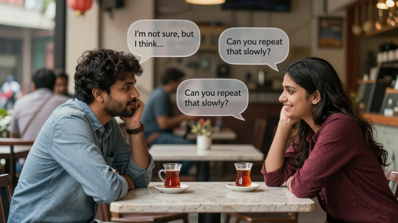 Two people having a casual English conversation over tea, with helpful phrases floating nearby.