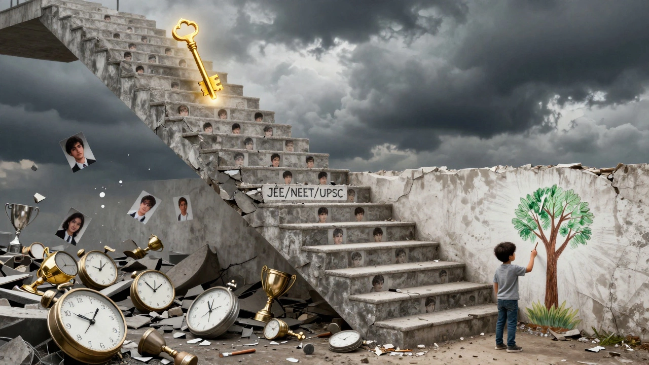 A crumbling exam staircase with broken dreams below, while a child draws a tree instead, symbolizing alternative paths.