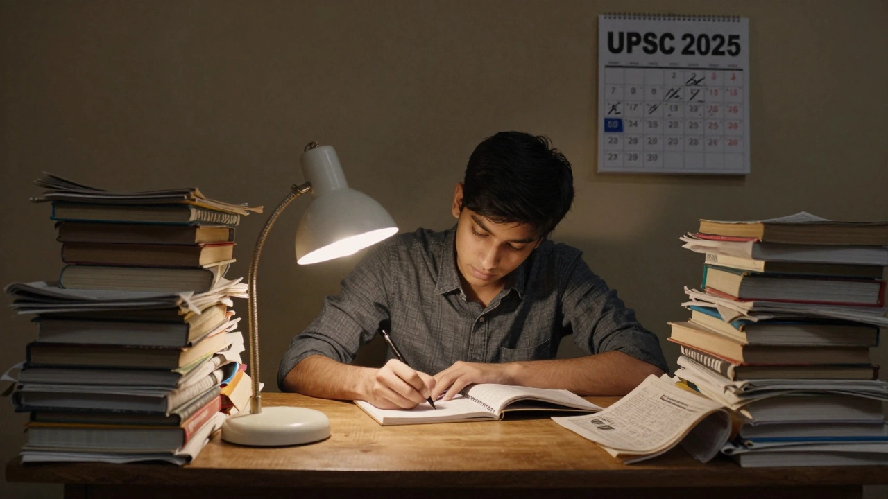 A focused candidate studying late at night with books and notes surrounding them.