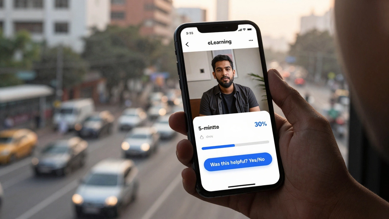 A hand holding a smartphone showing a mobile eLearning poll with progress bar.