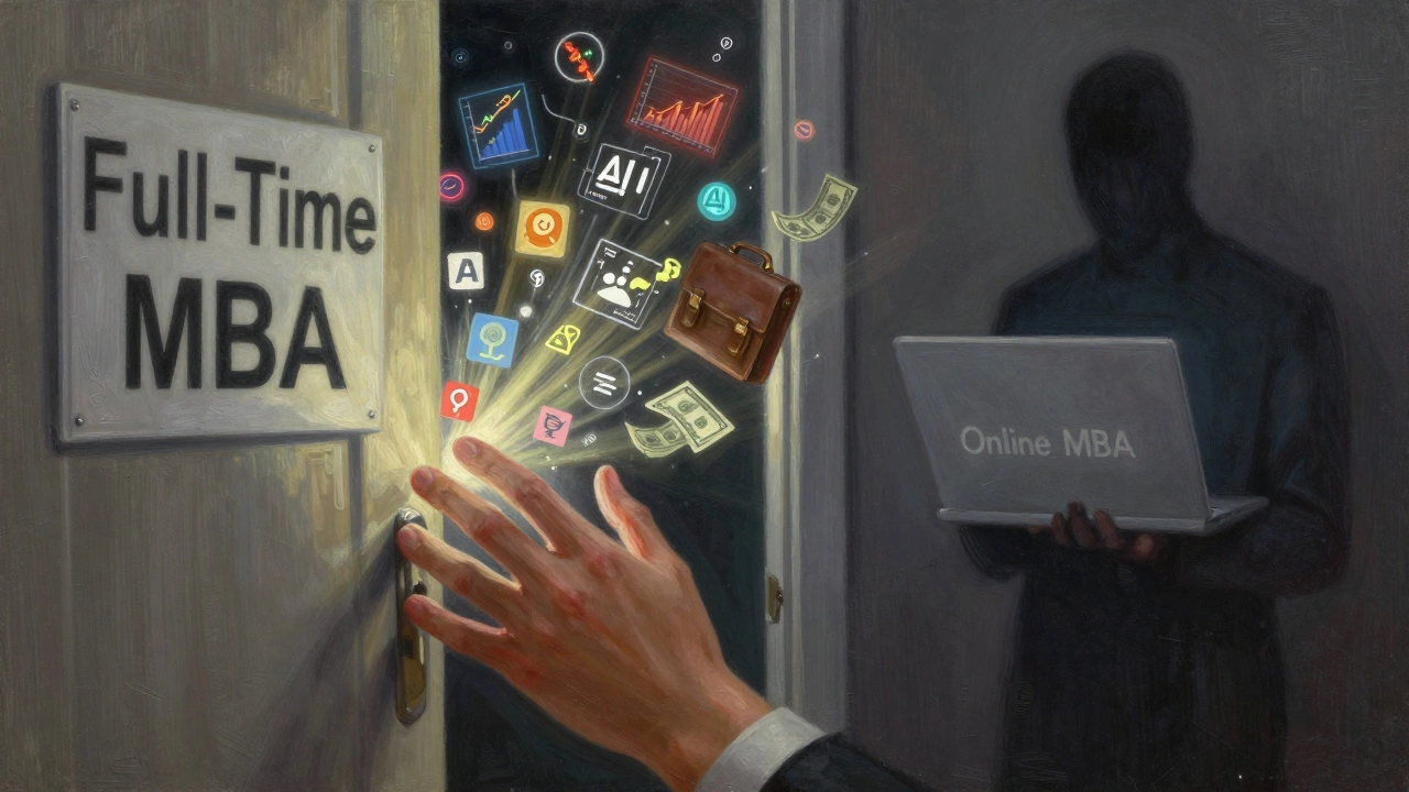 A hand reaching through a door labeled 'Full-Time MBA' into a room of financial symbols.