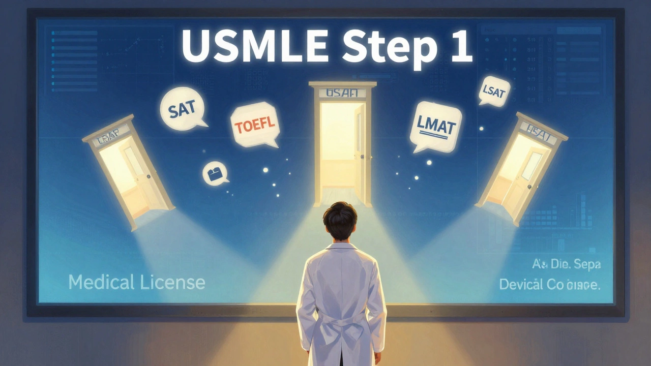 A medical professional celebrating a passing USMLE score with other standardized tests floating as doorways.