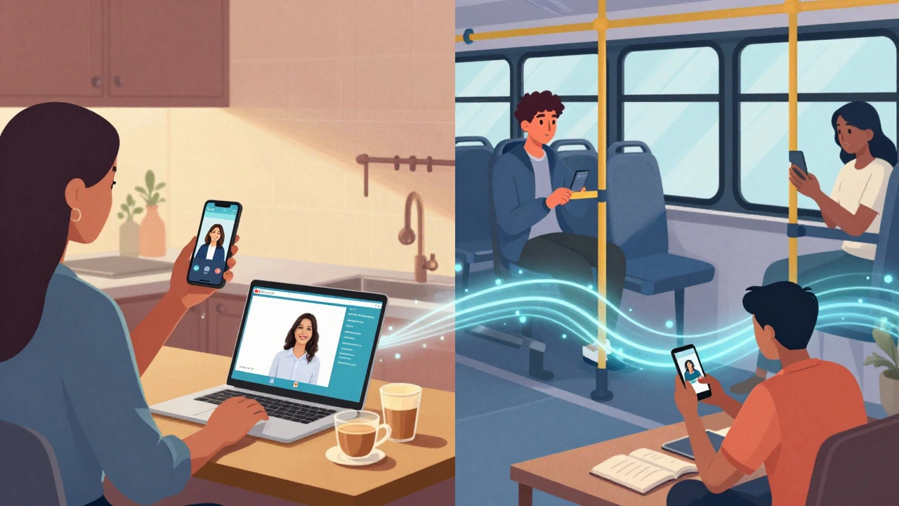 A teacher recording a lesson and learners across India watching on phones, connected digitally.