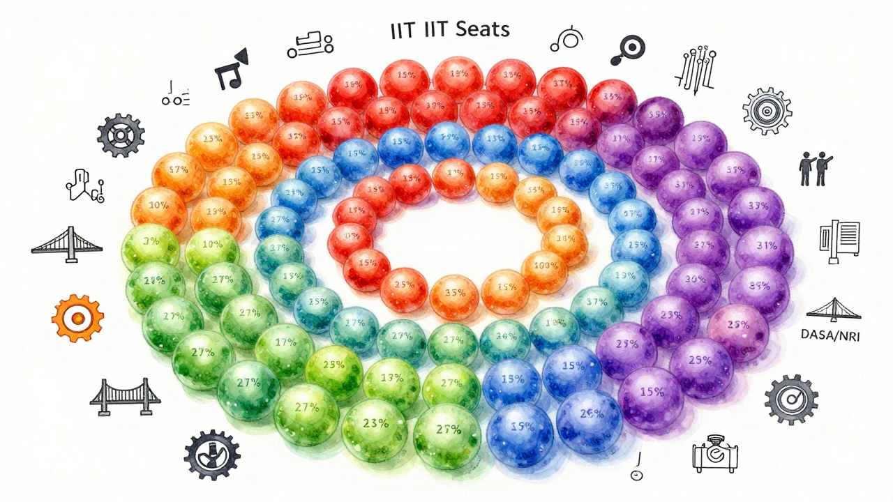 Color-coded glowing orbs representing IIT seat reservations, surrounded by engineering icons.