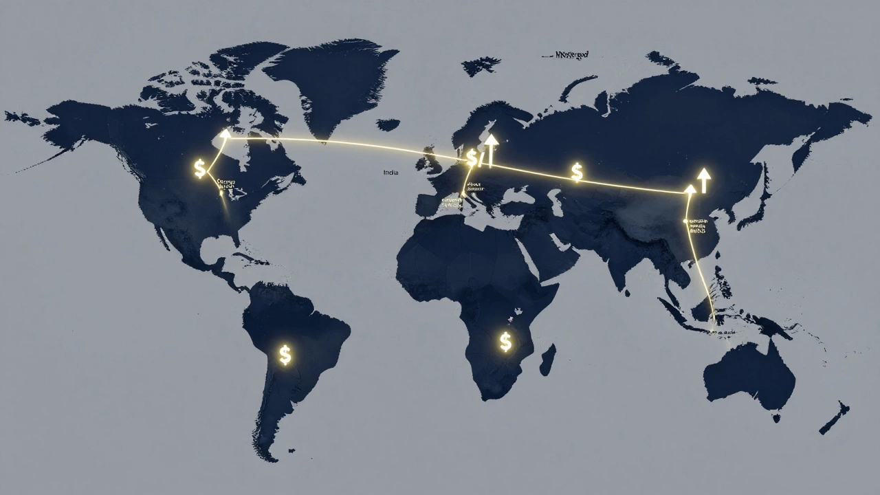 Global map showing connections between top MBA schools and financial hubs with glowing pathways.