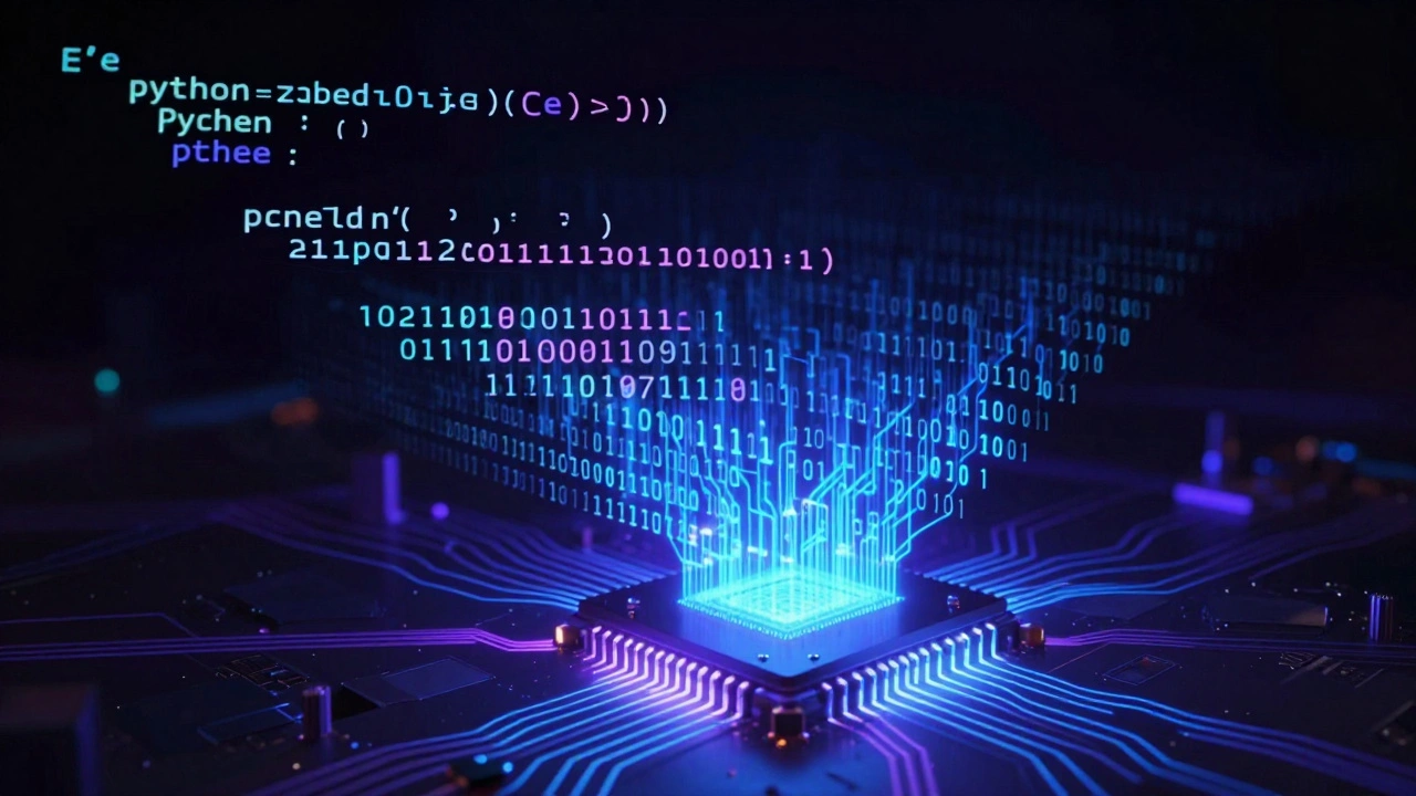 Layered visual representation of source code transforming into bytecode and machine code.