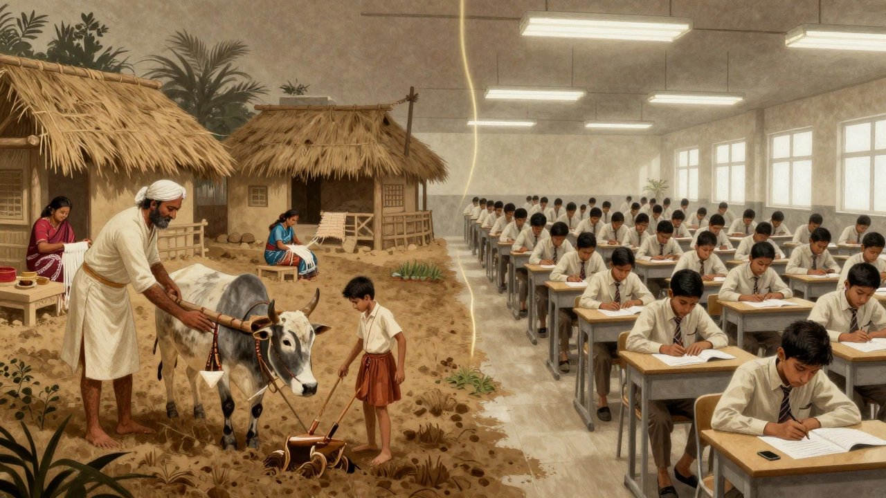 Split scene: traditional village skills on one side, modern exam pressure on the other, connected by a golden thread.