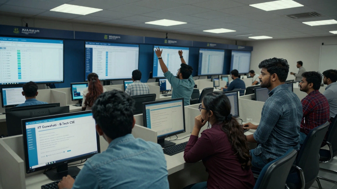Students and parents at a JoSAA counseling center watching real-time seat allocation on digital screens.