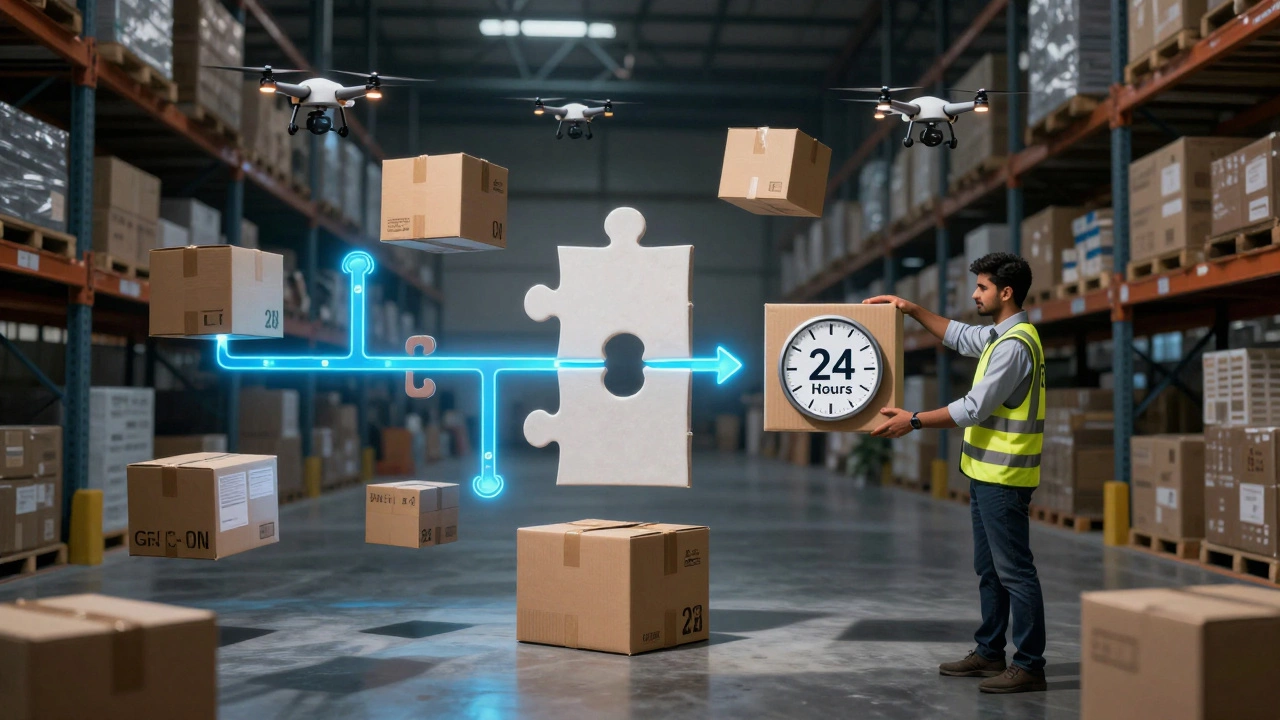 Supply chain puzzle assembling in a warehouse with drones and glowing delivery routes.