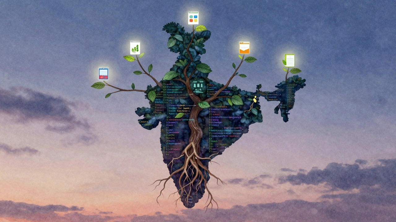 Tree with code roots growing from India, branches reaching into key industries