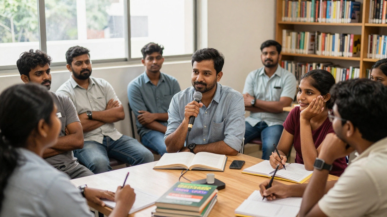 A group of people in a Chennai library practice spoken English together in a free conversation circle.