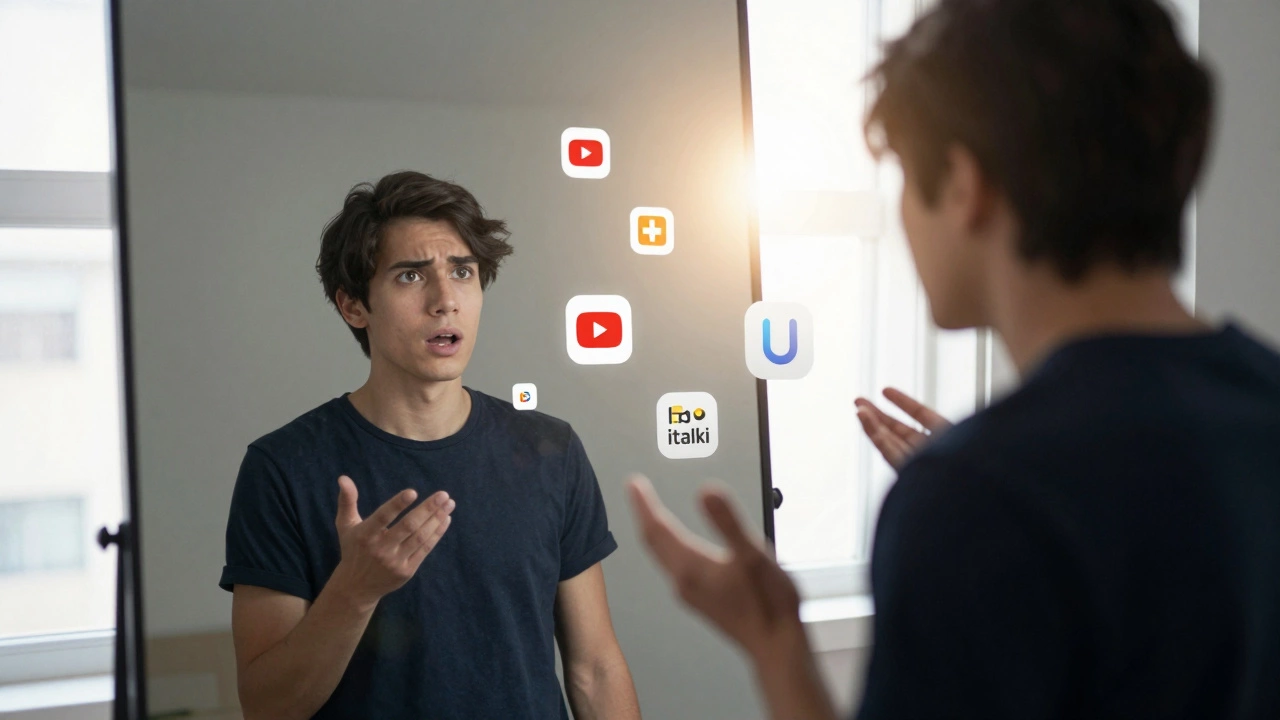 A person speaking in front of a mirror, their younger self fading away, with language learning app icons dissolving into light.