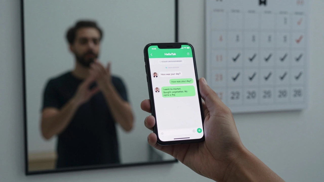A smartphone shows a language exchange chat, while someone practices speaking in front of a mirror with a progress calendar.