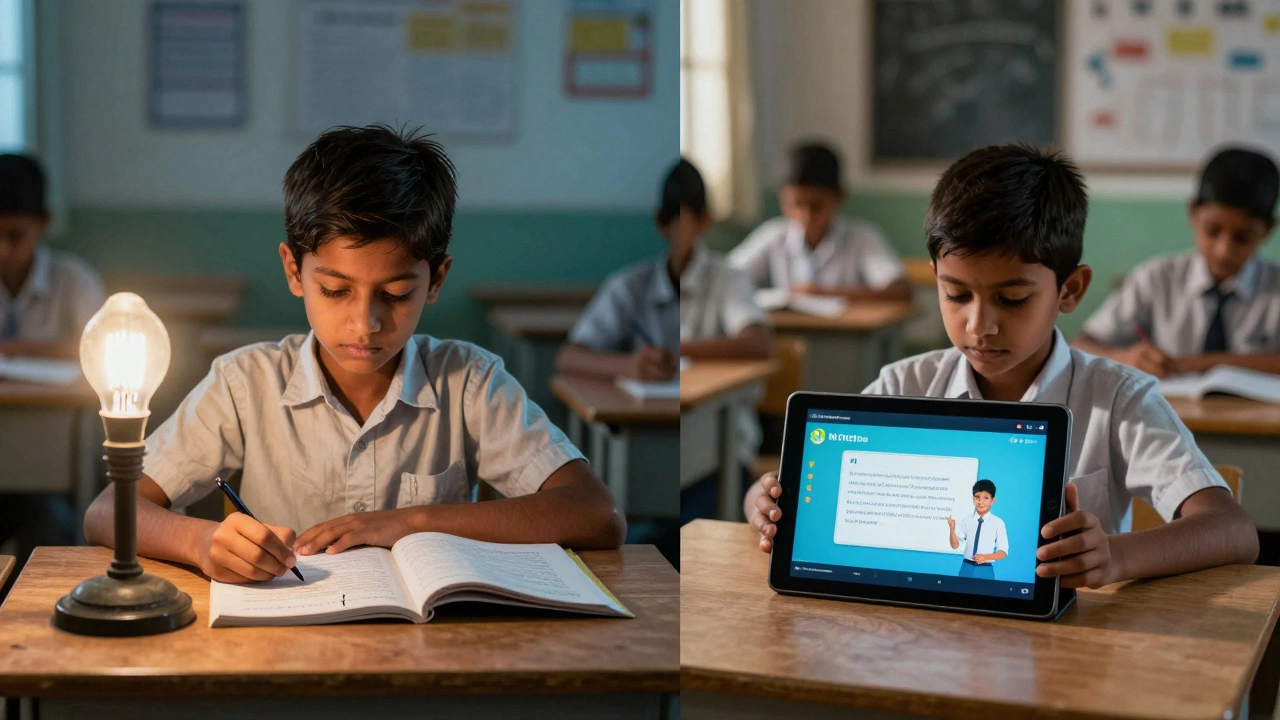 Contrast between a child studying under dim light in rural India and another learning via tablet in a digital classroom.