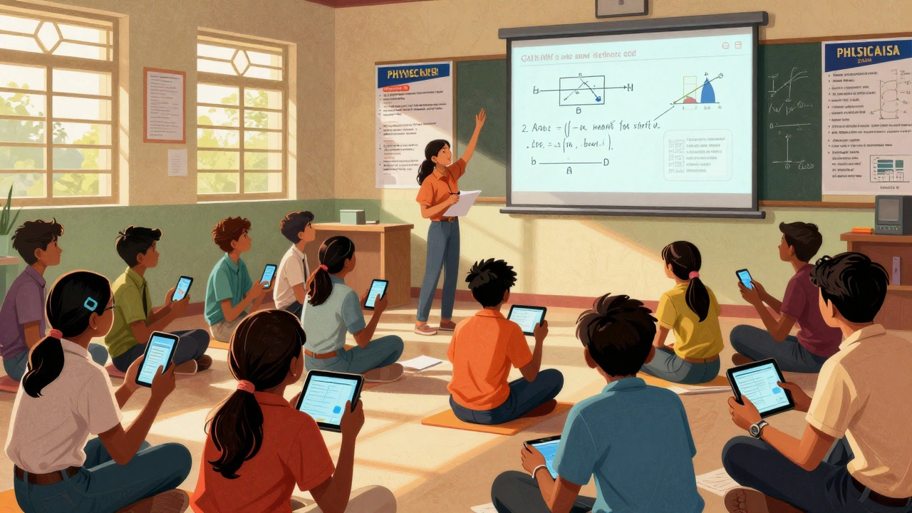 Group of students in a small-town room watching Physics Wallah live class on tablets, sunlight streaming through windows.