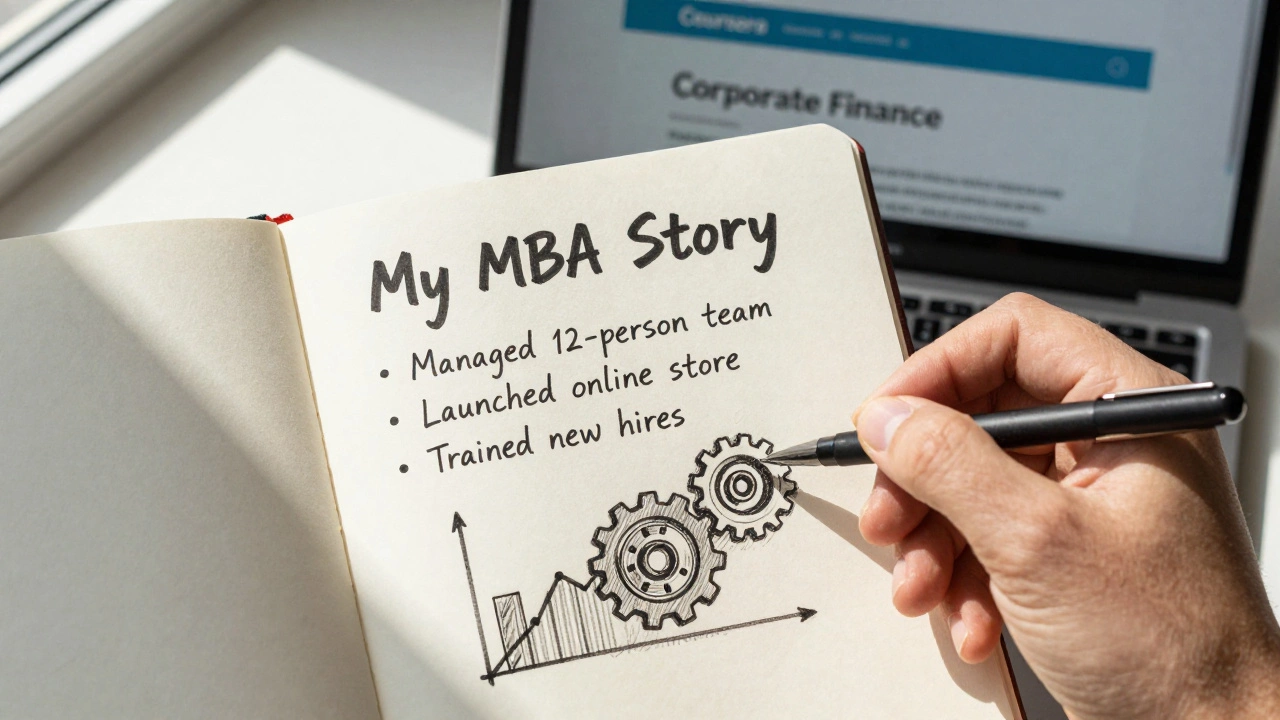 Handwriting a personal MBA story with career achievements and online course visible