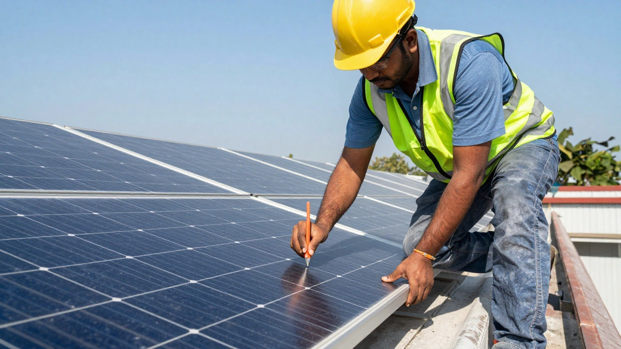 Solar technician installing panels on rooftop in India