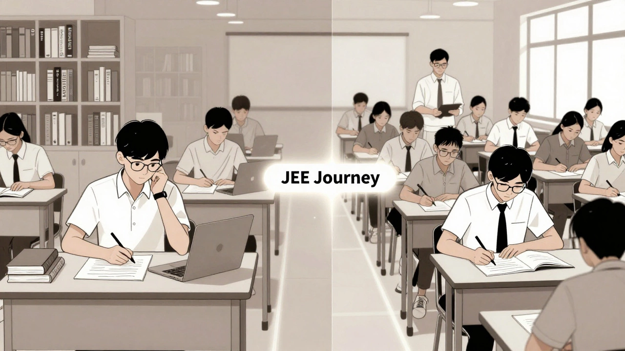 Split image: one side shows self-study with advanced books, other side shows coaching center mock test, connected by a path.