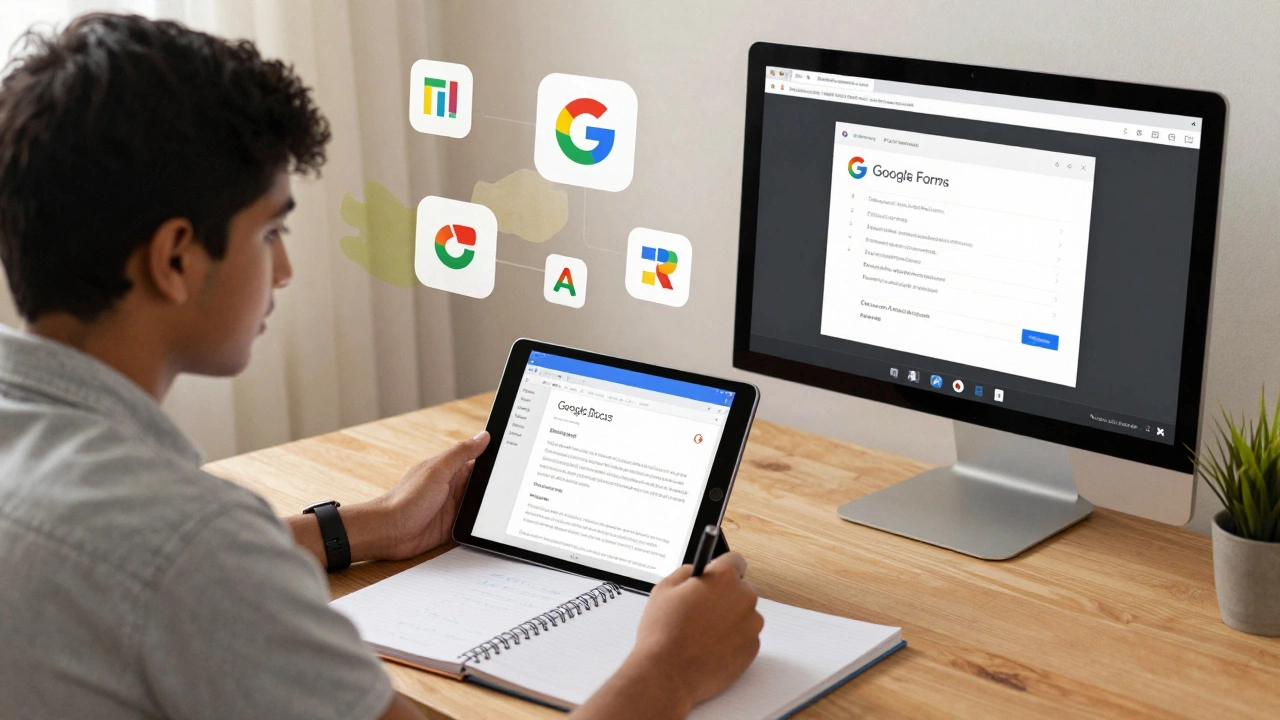 Student learning through YouTube tutorials and Google Docs in a home environment.