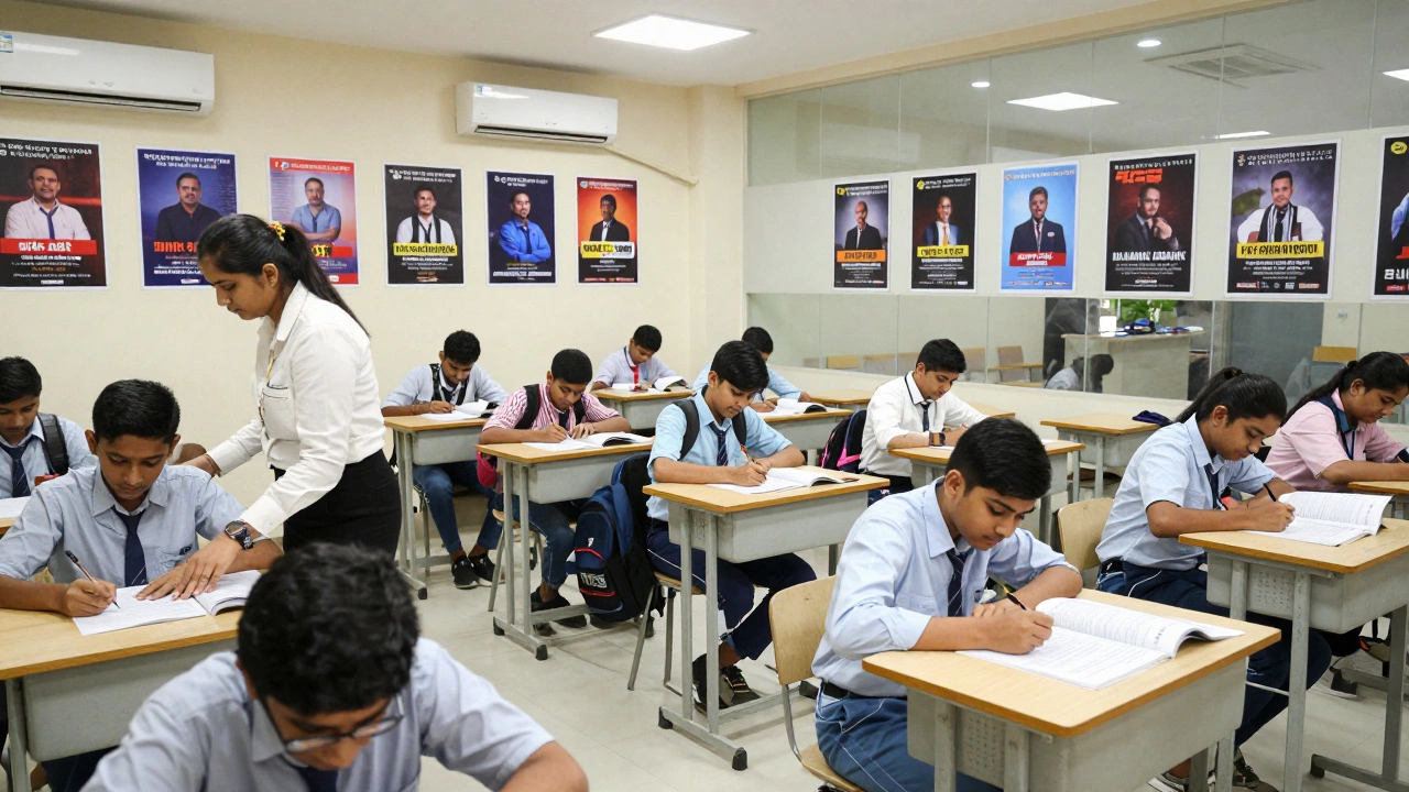 Students in Delhi taking a mock CBSE exam in a well-equipped private school classroom.