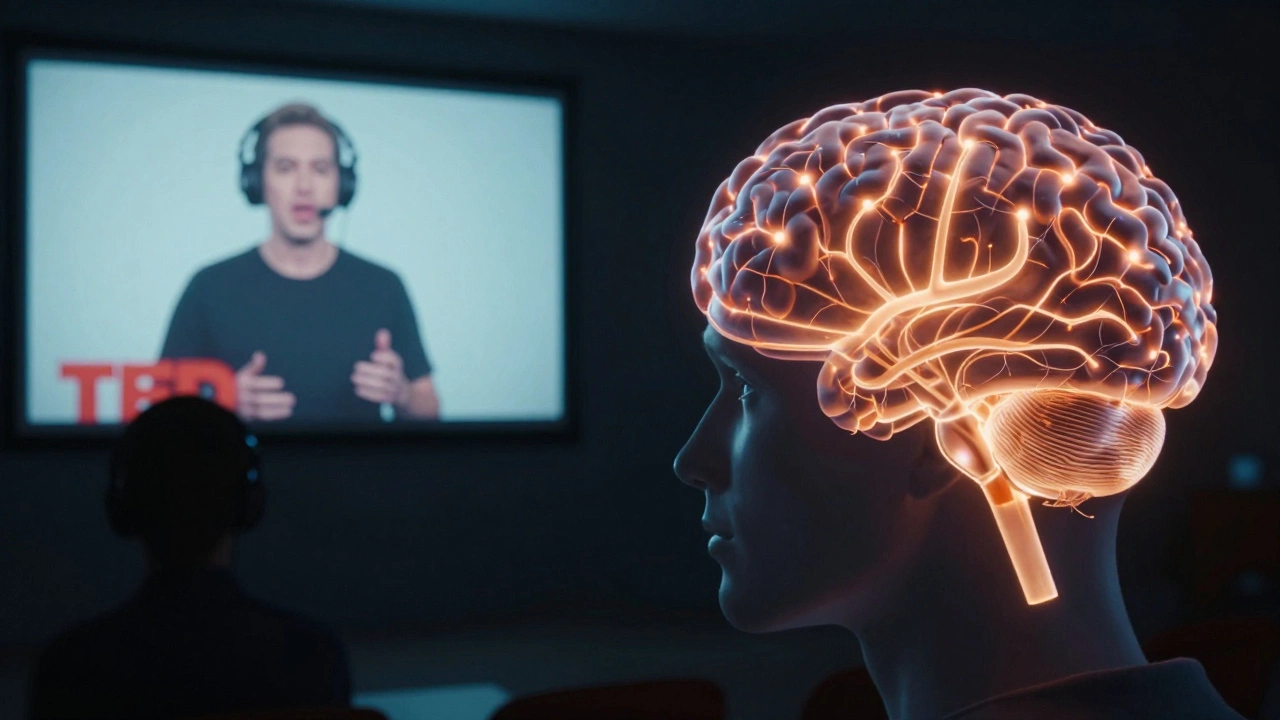 A brain with glowing neural pathways activating as someone shadows a speaker.