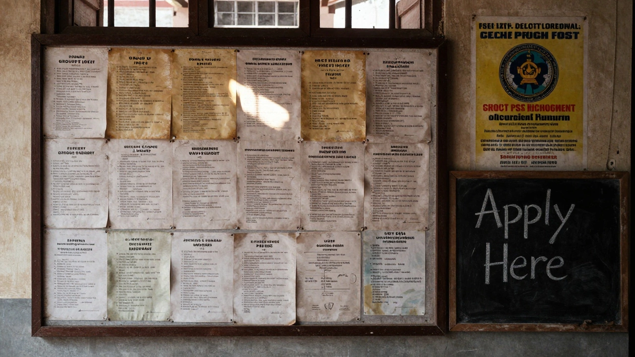 A dusty district notice board in India with handwritten recruitment notices for low-competition government jobs.