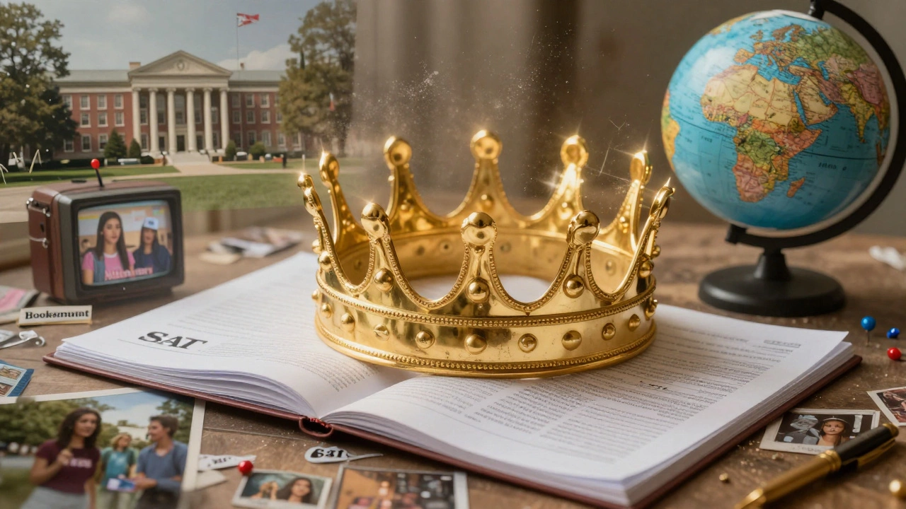 A golden crown placed on an SAT test booklet, surrounded by icons of college campuses and pop culture references.
